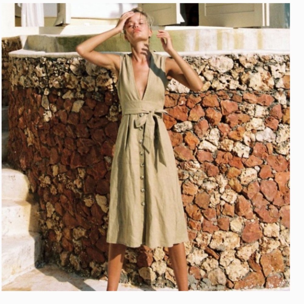 Faithfull the Brand Le Roch V Neck Linen Sleeveless Midi Oat Tan Dress 4